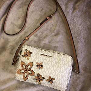 Michael Kors Cream and Tan Floral Crossbody Bag